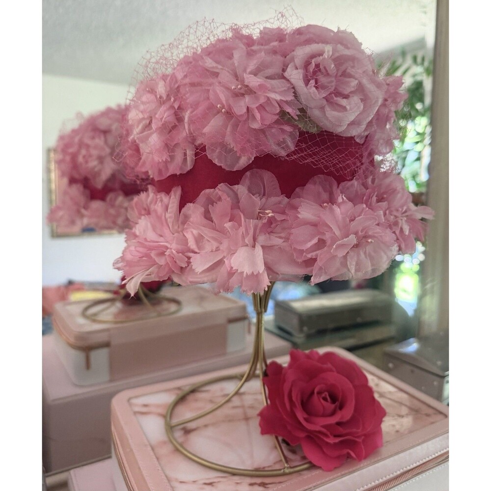 Vintage 1950's 1960's Pink Rose Floral Cloche Hat USA Union Made Mid-Century